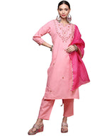 Anubhutee Women'S Cotton Pink Floral Embroidered Straight Kurta Suit Set With Pants And Dupatta