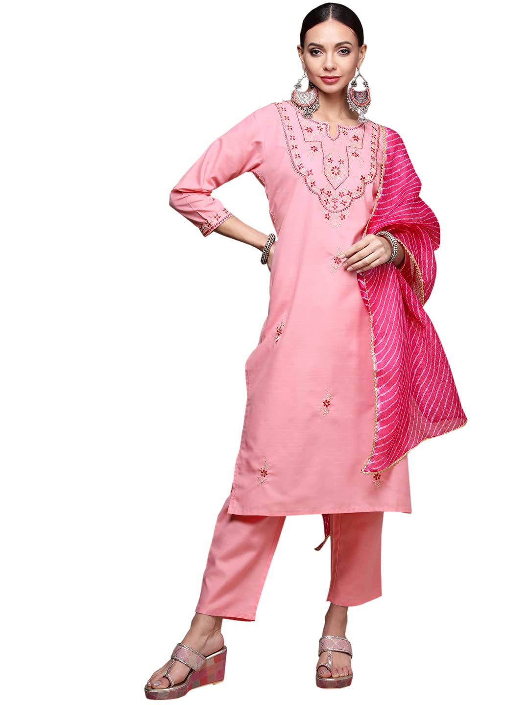 Anubhutee Women'S Cotton Pink Floral Embroidered Straight Kurta Suit Set With Pants And Dupatta