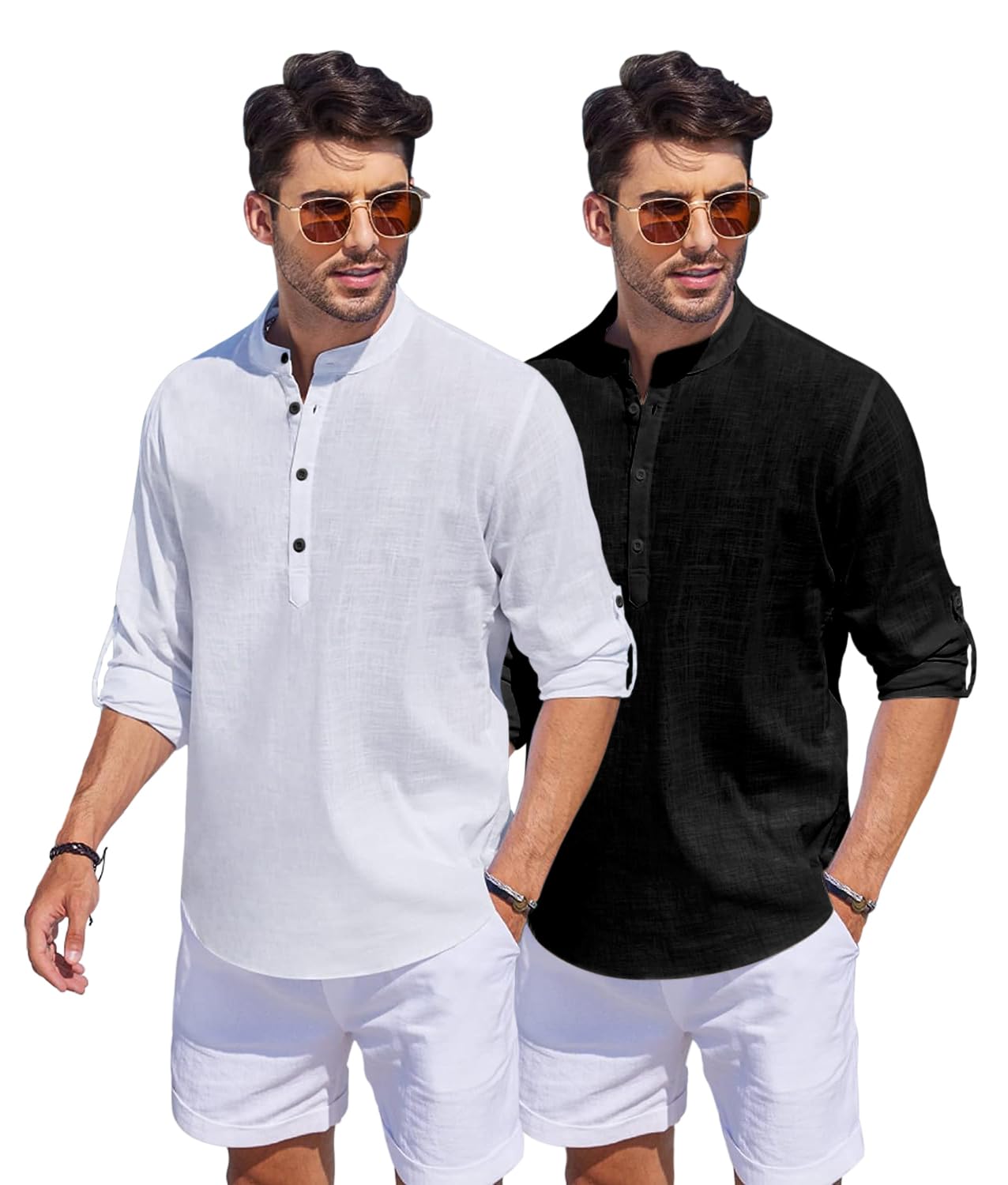 Hemrin Combo Of Men Solid Cotton Blend Straight Kurta Shirt Pack Of 2