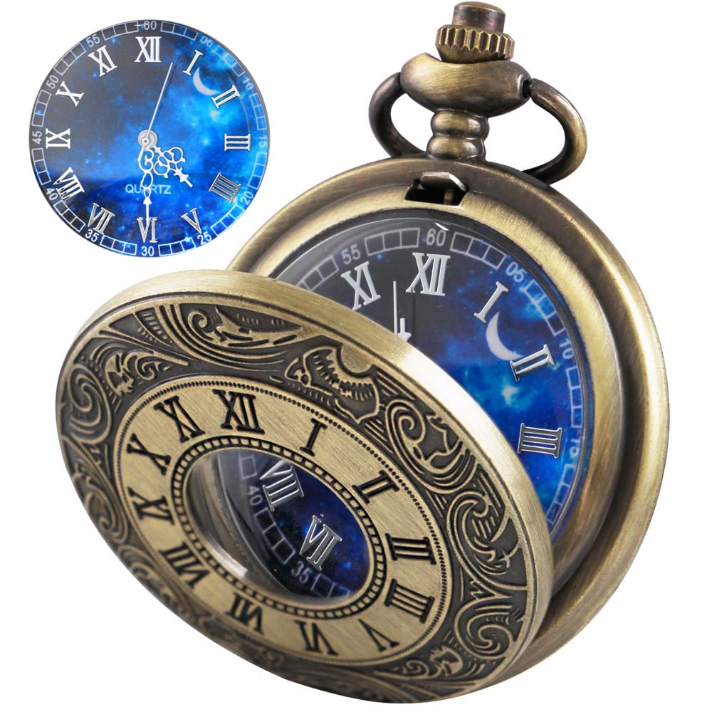 Tiong Vintage Blue Starry Night Moon Dial Roman Numerals Scale Pocket Watch with Chain Gifts for Birthday Graduation Christmas F