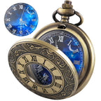 Tiong Vintage Blue Starry Night Moon Dial Roman Numerals Scale Pocket Watch with Chain Gifts for Birthday Graduation Christmas F