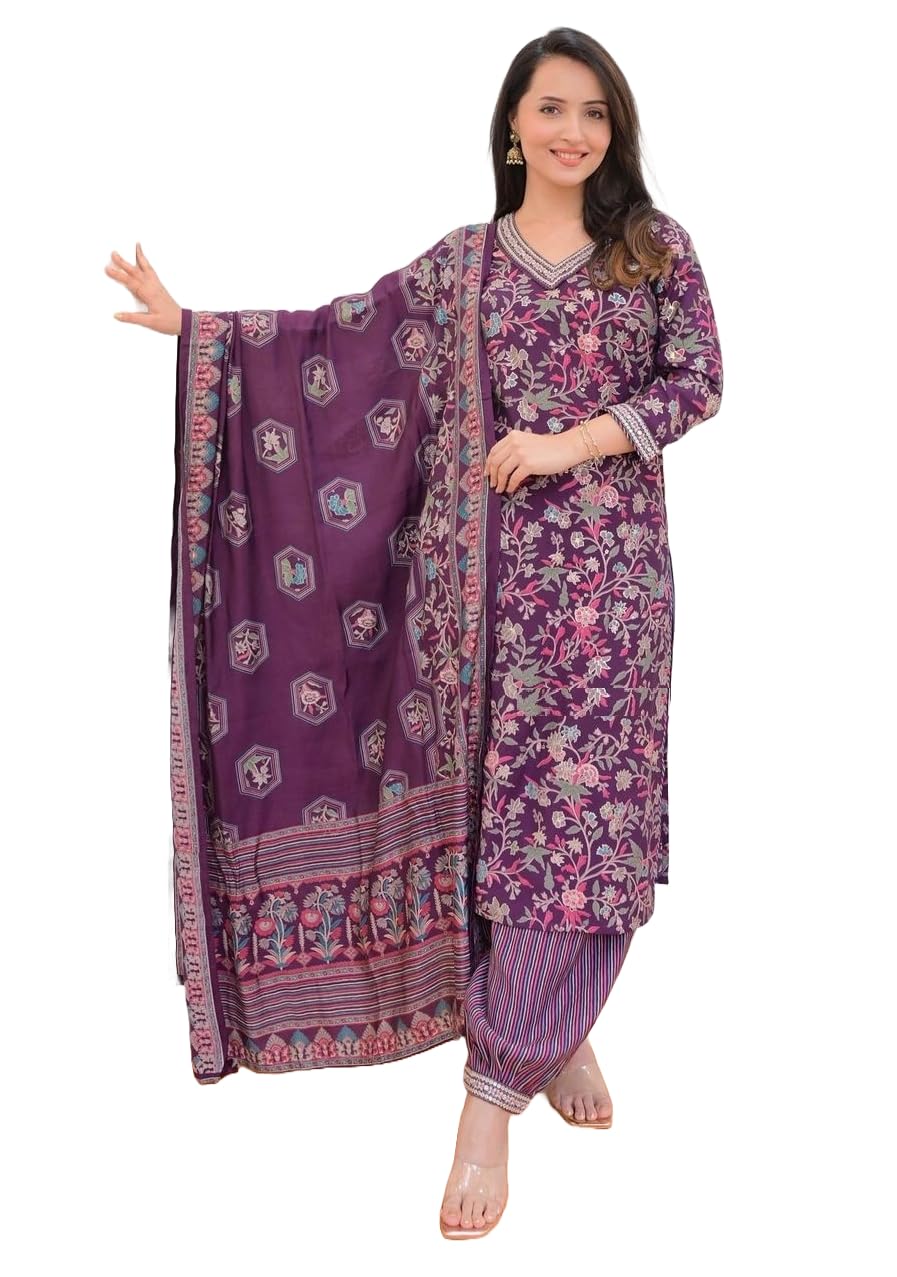 Nermosa Women Embroidery And Printed V-Neck Kurta And Pant Set With Dupatta (In, Alpha, M, Purple)