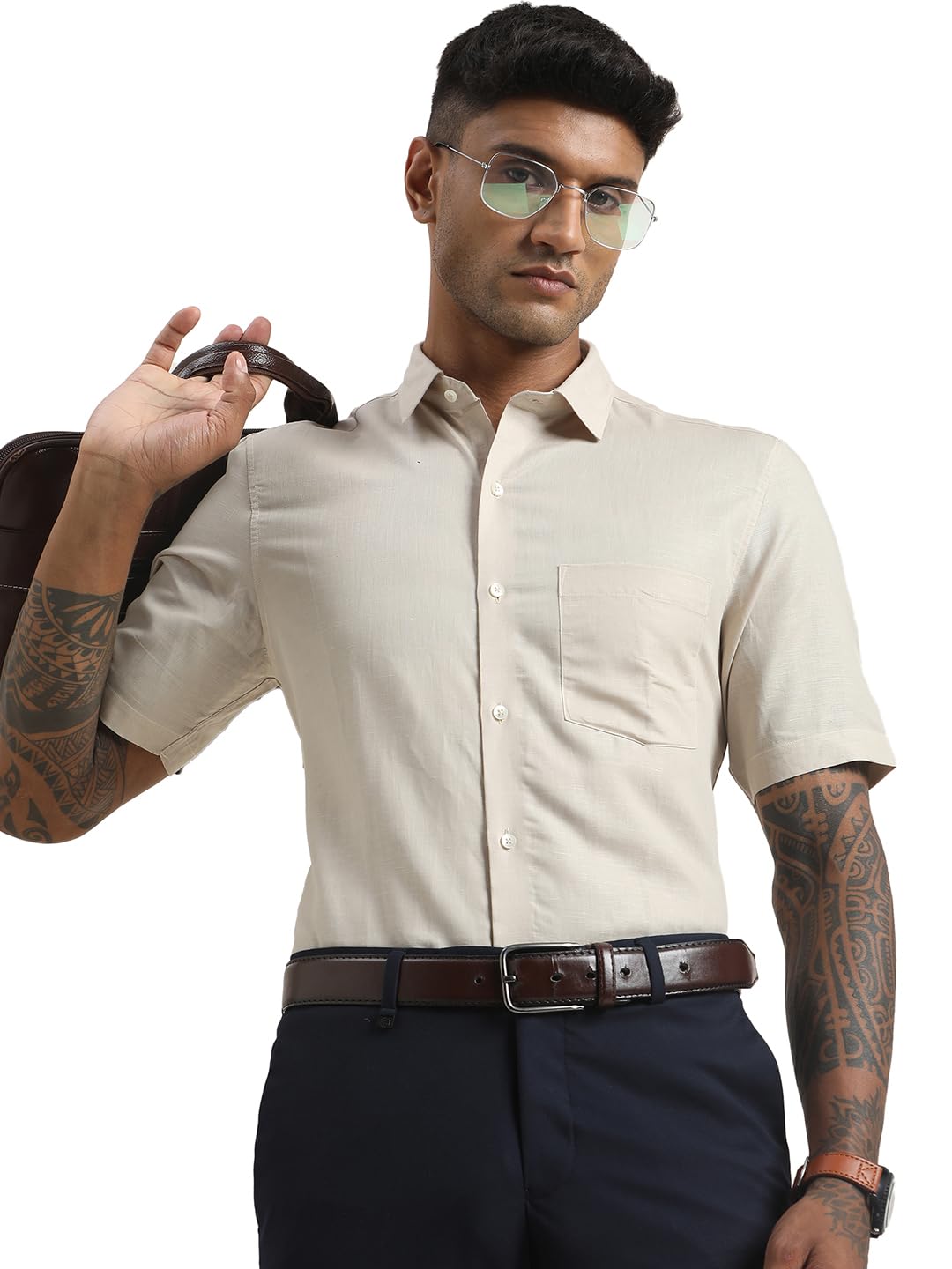 Turtle Men Cotton Linen Regular Fit Solid Beige Formal Shirt