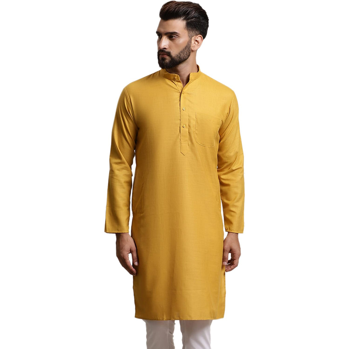 SOJANYA (Since 1958 Mens Silk Blend Mustard Solid Only Long Kurta