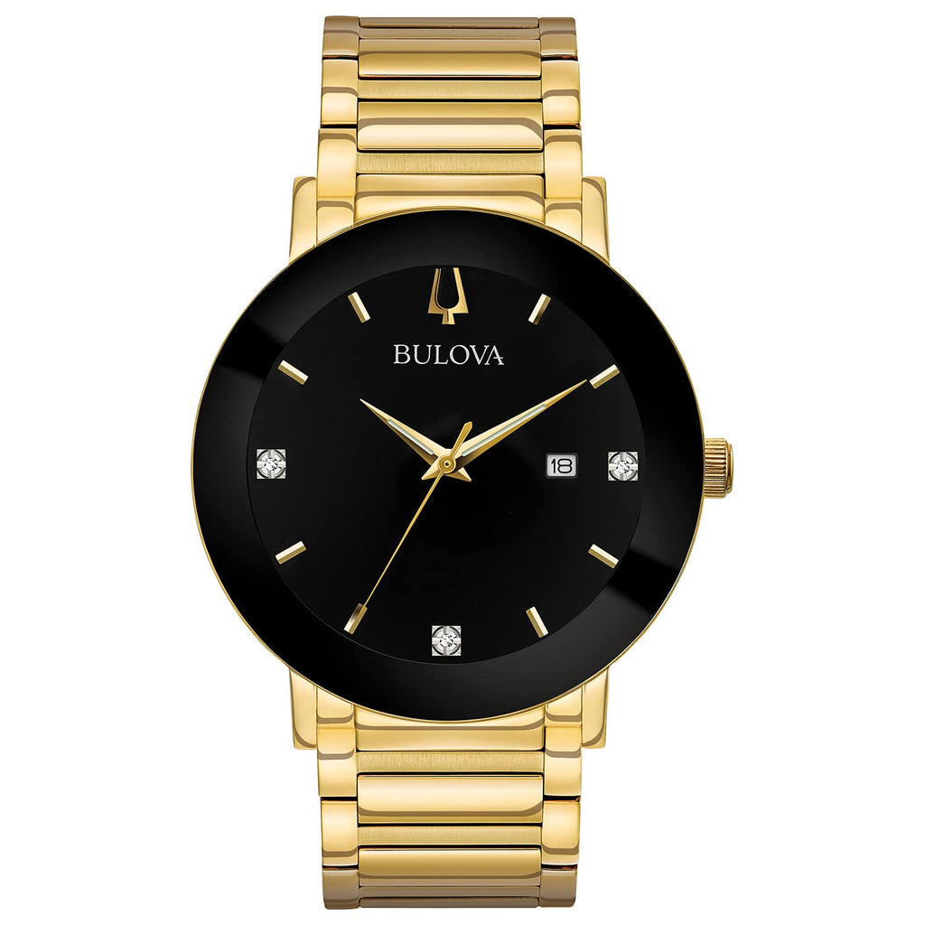 Bulova Men's Modern Gold Tone Stainless Steel 3-Hand Calendar Date Quartz Watch, Black Dial with Diamonds Style: 97D116