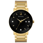 Bulova Men's Modern Gold Tone Stainless Steel 3-Hand Calendar Date Quartz Watch, Black Dial with Diamonds Style: 97D116