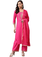 ANNI DESIGNER Womens Cotton Blend Embroidered Kurta with Pant & Dupatta (Bag-Rani_XL_Pink_X-Large)