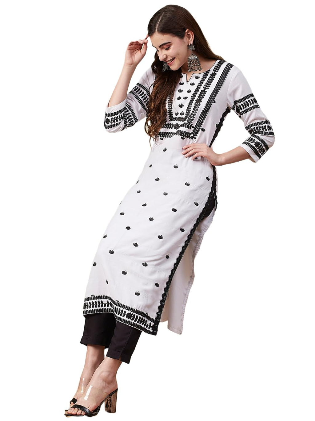 ANNI DESIGNER Womens Cotton Blend Chikankari Embroidered Straight Kurta (Stho-White-NRK_L_White_Large)