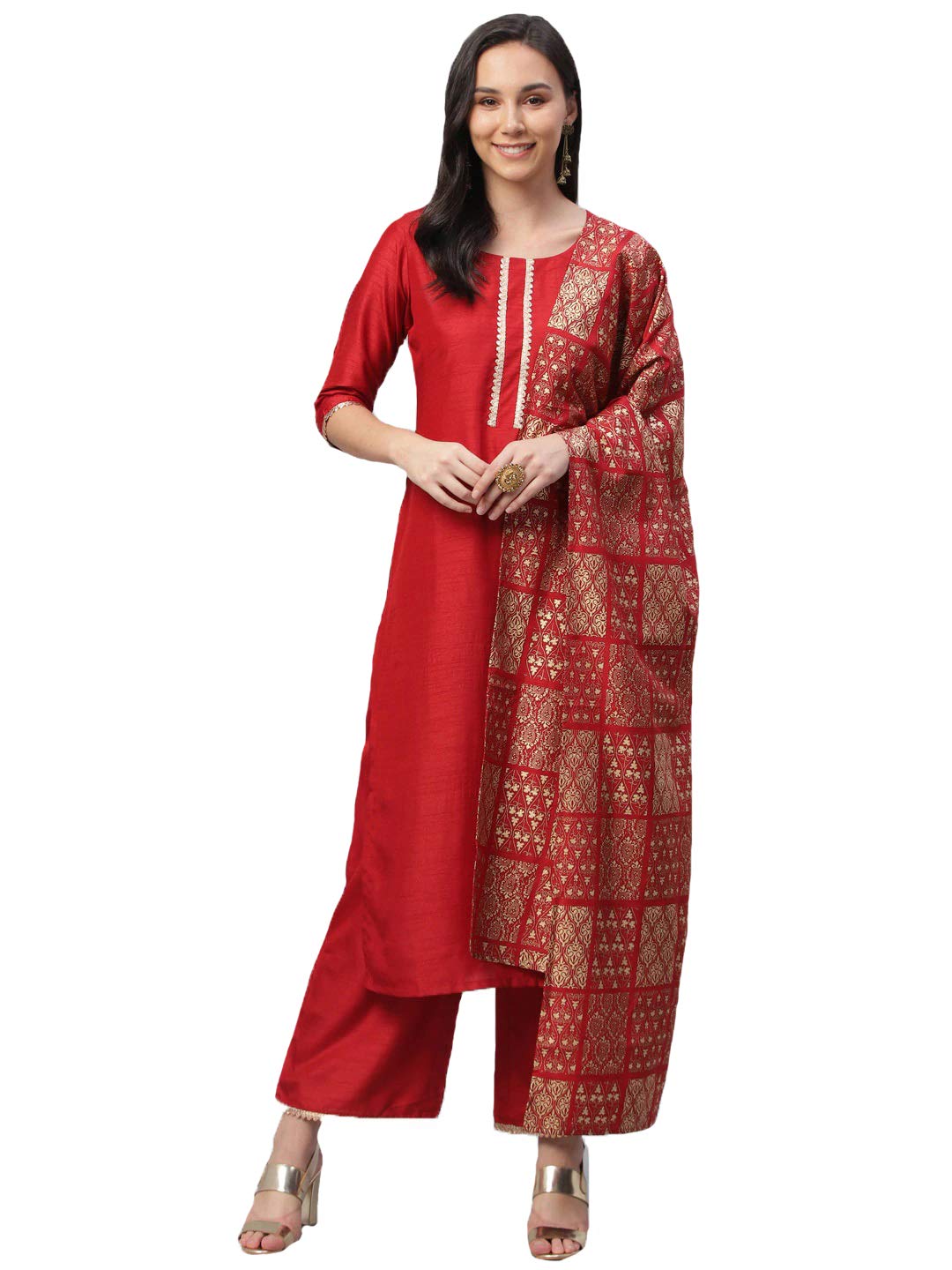 Gosriki Women'S Cotton Regular Kurta With Palazzo (Sonari Red_S_Go Small)