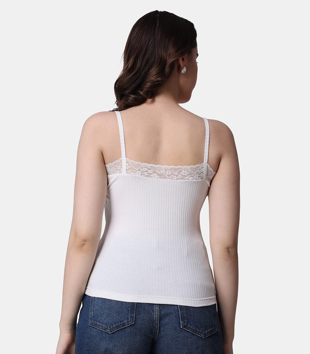 POPWINGS Women Casual White Rib Solid Sleeve Self Design Noodle Strap Top