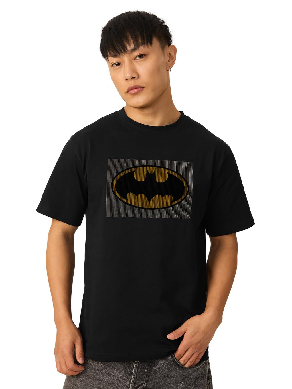 The Souled Store Official Batman: Joker x Batman Short Sleeve Round Neck Black Graphic Printed Relaxed Fit T-Shirts for Men and 