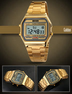 PASOY Men's Digital Gold Stainless Steel Watch Backlit Multifunction Stopwatch Waterproof Sport Watches Reloj (Gold)