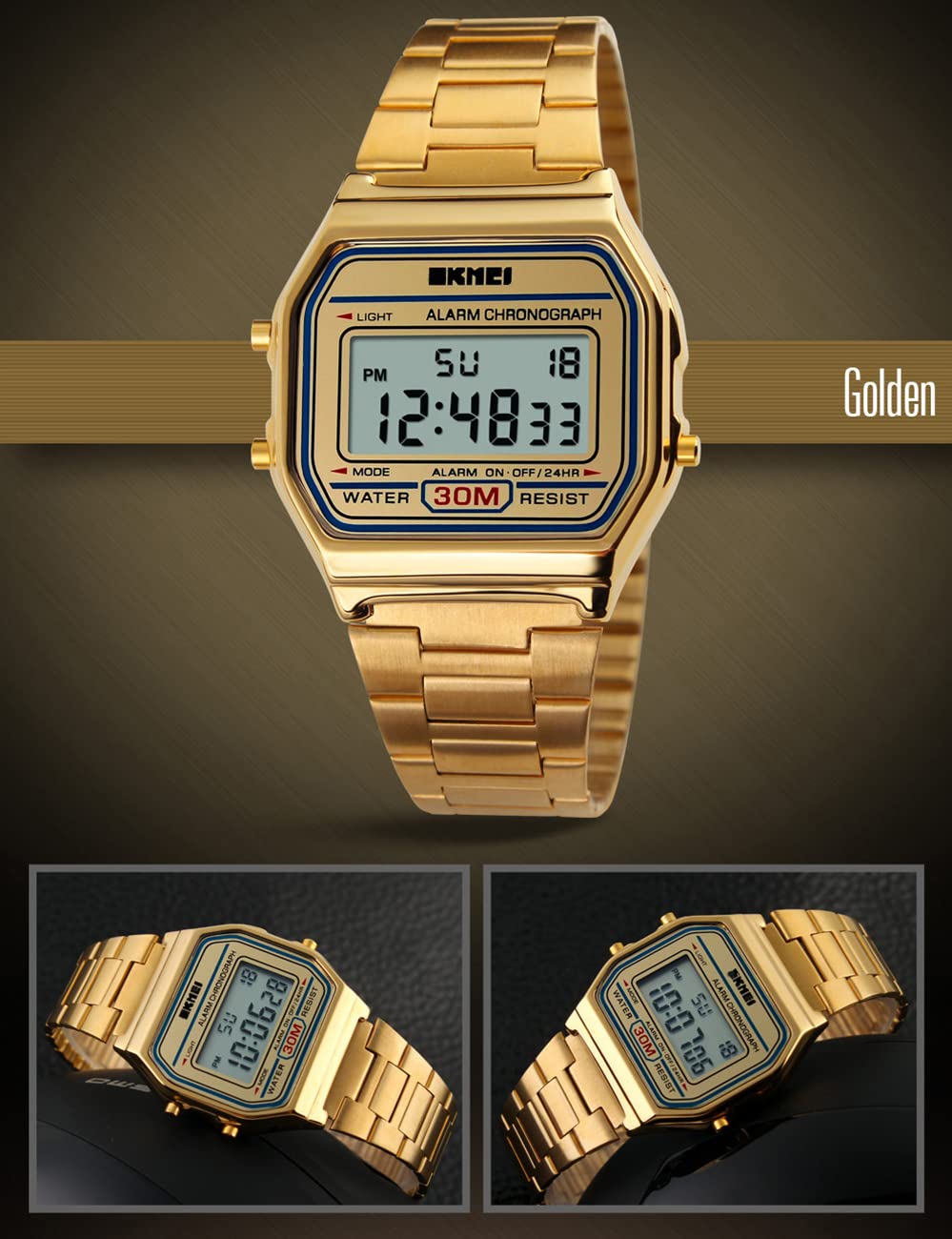 PASOY Men's Digital Gold Stainless Steel Watch Backlit Multifunction Stopwatch Waterproof Sport Watches Reloj (Gold)