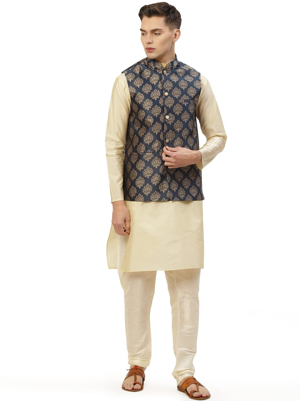 Jompers Mens Dupion Solid Kurta Pyjama Set With Printed Nehru Jacket