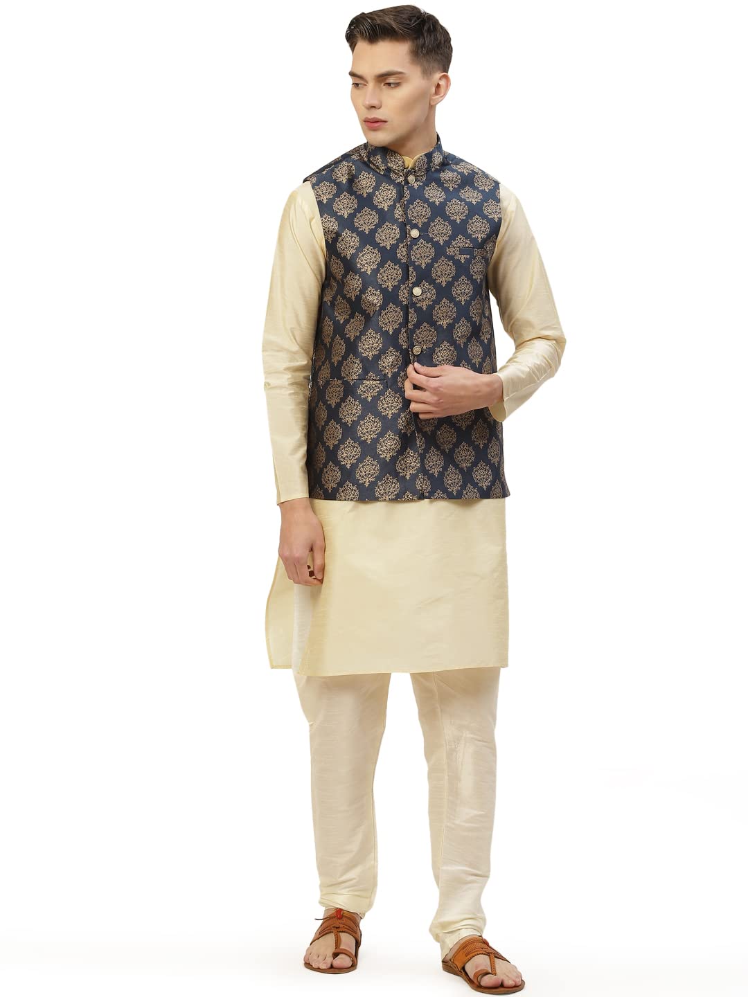 Jompers Mens Dupion Solid Kurta Pyjama Set With Printed Nehru Jacket