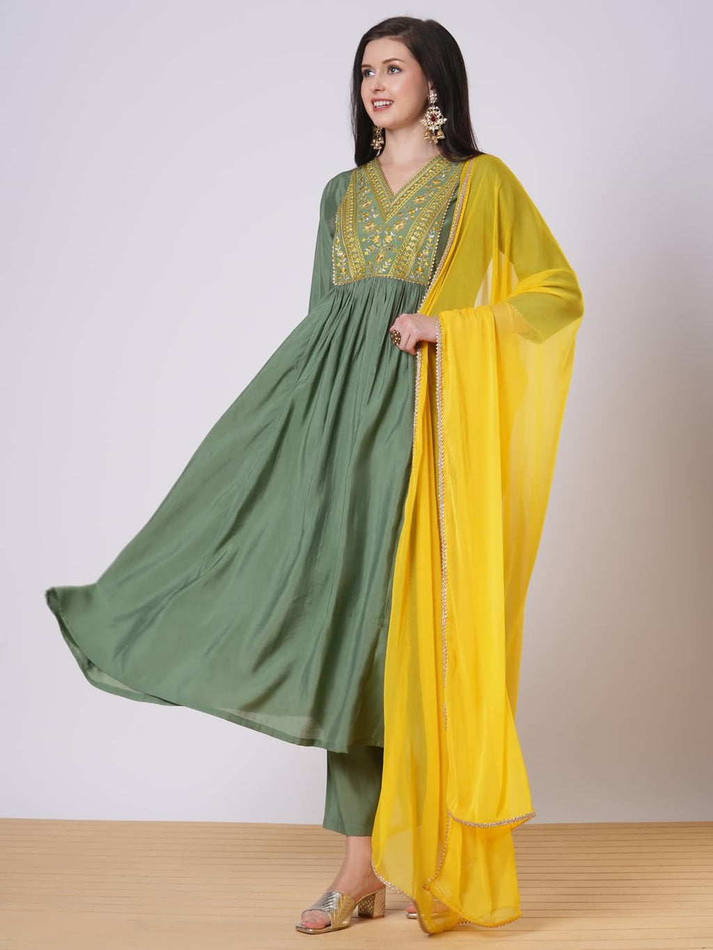 ANNI DESIGNER Womens Rayon Viscose Anarkali Embroidered Kurta with Pant & Dupatta (Padari Green_S_Green_Small)