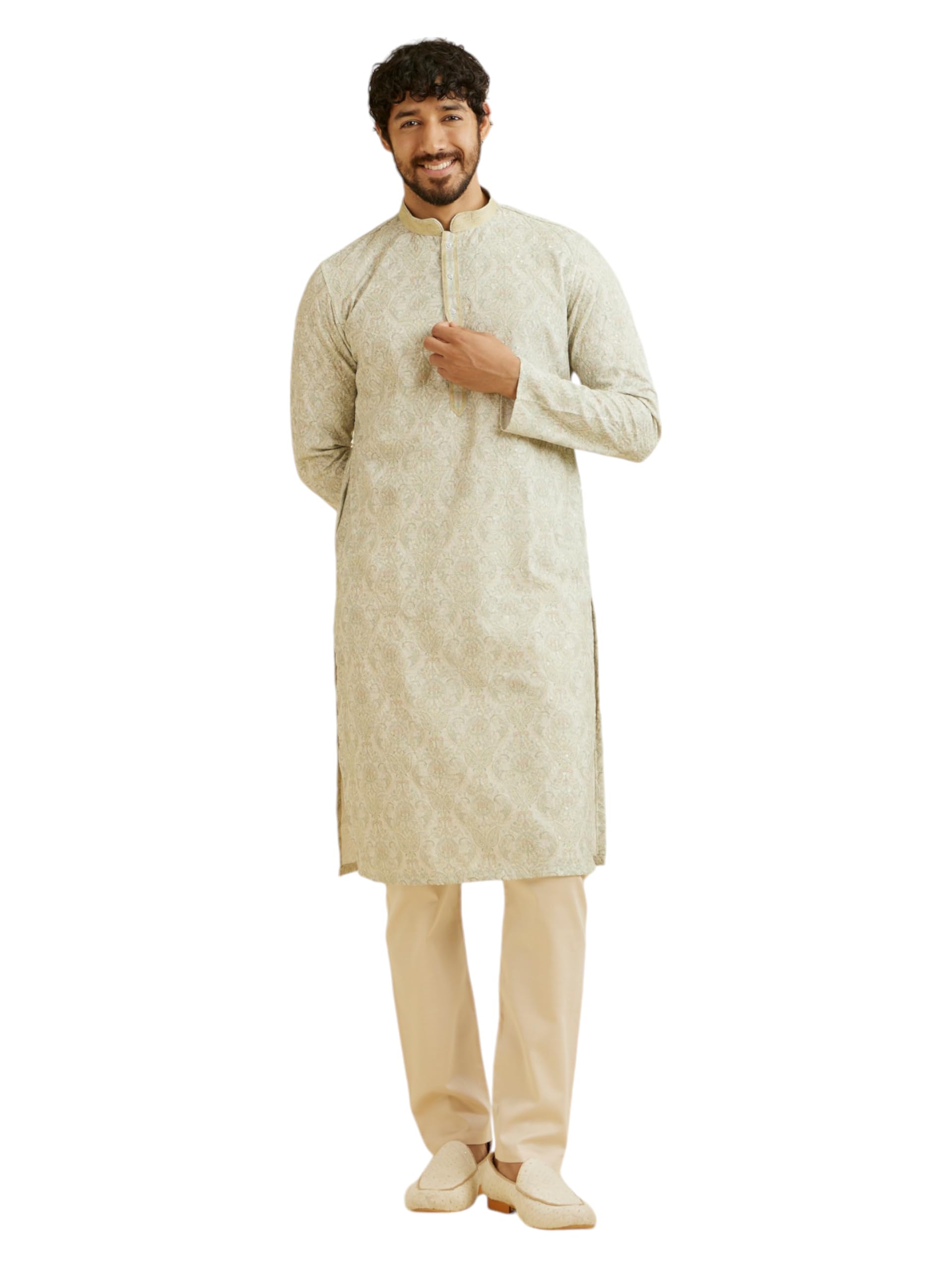 Manyavar MenS Cotton Blend Chikankari Sequined Kurta Pyjama Set (Green,L)