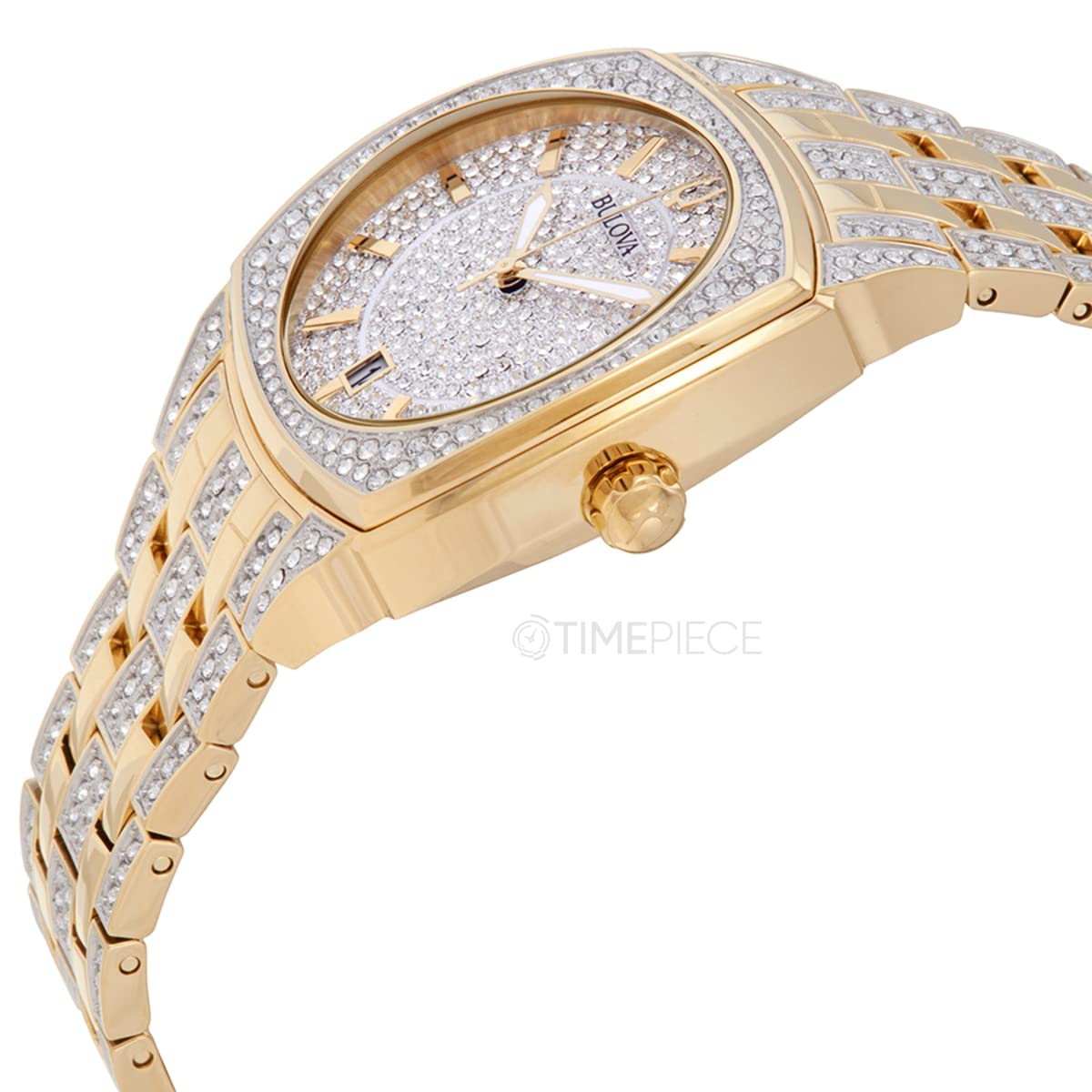 Bulova Men's Crystals Phantom Gold Tone Stainless Steel 3-Hand Quartz Watch, Cushion Shape Dial and Curved Mineral Crystal Style