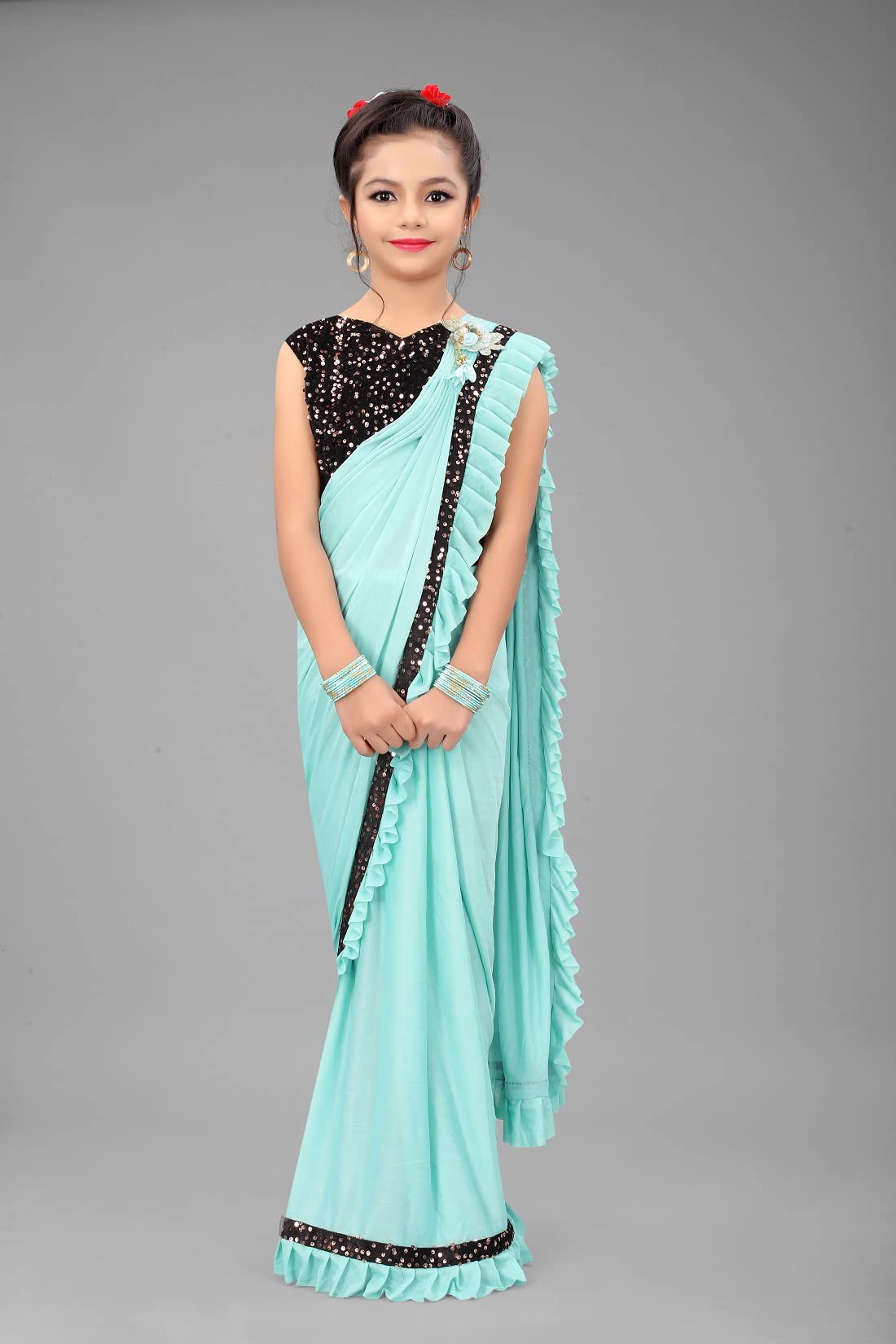 Dhyey Fashion Girls Lycra Blend Ruffle Pattern Saree With Velvet Unstitched Blouse Piece