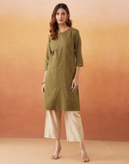 Fabindia WomenS Cotton Embroidered Regular Fit Kurta (1039126Olive_Olive