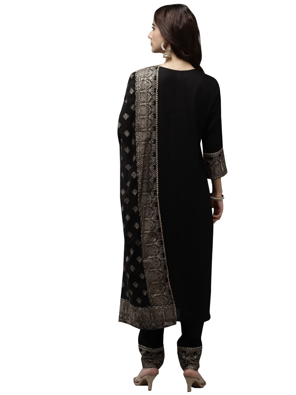 Ishin Women'S Viscose Rayon Solid Gotta Patti Black Ethnic Motifs Print Straight Kurta Suit Set With Dupatta & Trouser
