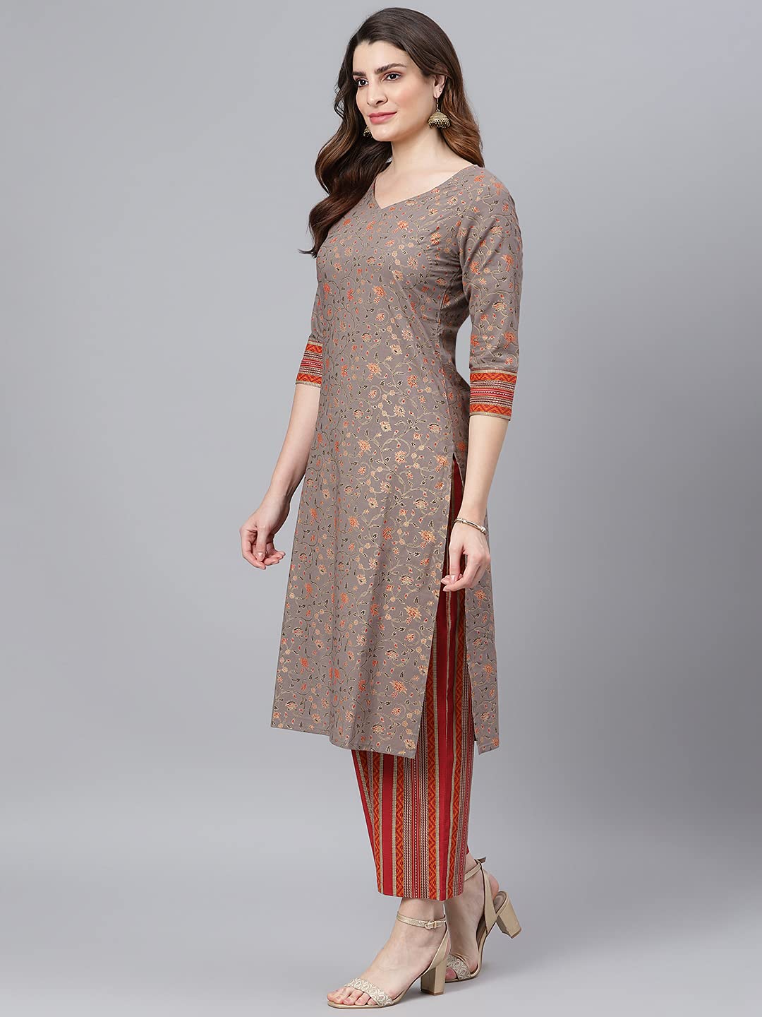 Idalia Cotton Jaal Printed Kurta With Stripes Palazzo Pant - Best Kurta Set, Calf Length, 3/4Th Sleeve, V Neck Straight Kurta