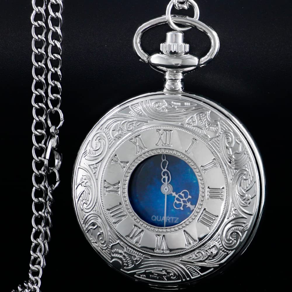 Tiong Vintage Pocket Watch Roman Numerals Scale Blue Starry Night Moon Dial Christmas Graduation Birthday Gifts Fathers Day(Silv