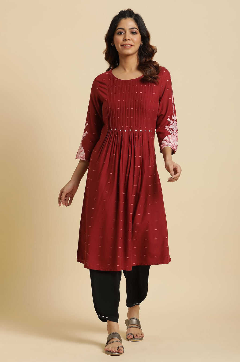 W For Woman Maroon Floral Printed Regular Kurta With Sequins