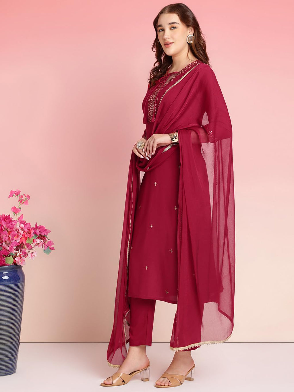 ANNI DESIGNER Womens Rayon Blend Embroidered Straight Kurta with Pant & Dupatta (RAMDHANI Maroon_M_Maroon_Medium)