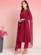 ANNI DESIGNER Womens Rayon Blend Embroidered Straight Kurta with Pant & Dupatta (RAMDHANI Maroon_S_Maroon_Small)
