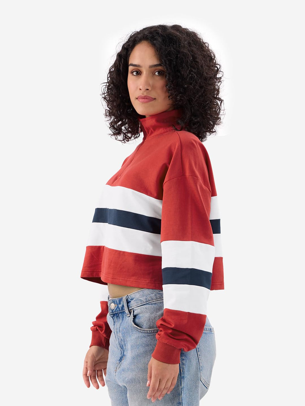 The Souled Store Solids: Red and Off White Women and Girls Long Sleeves High Neck Cotton Oversized Cropped Polos