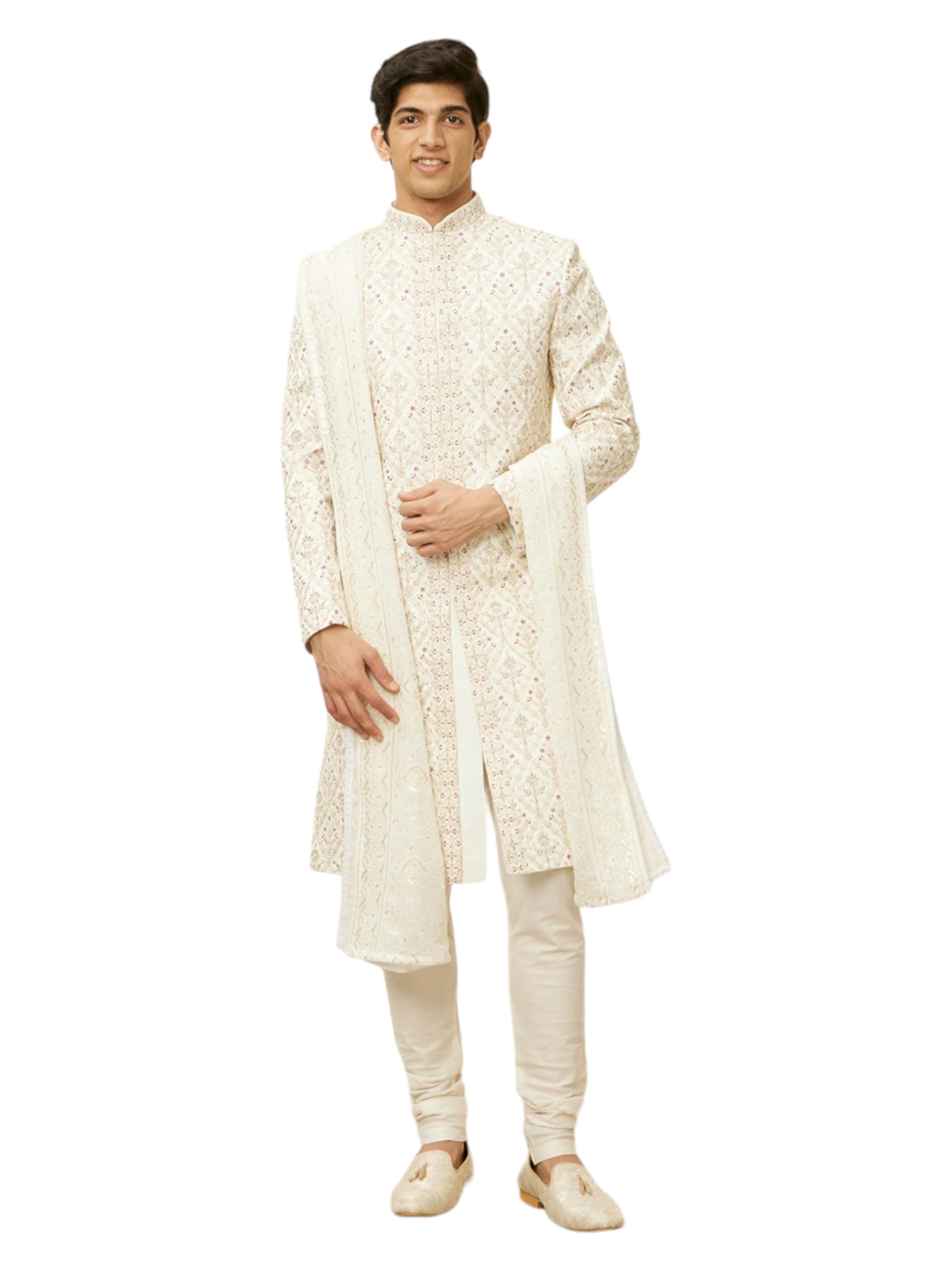Manyavar Pearled Ivory White Sequined Dupatta