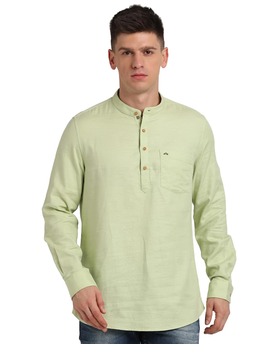 Turtle Men 100% Cotton Solid Pista Green Casual Kurta Shirt