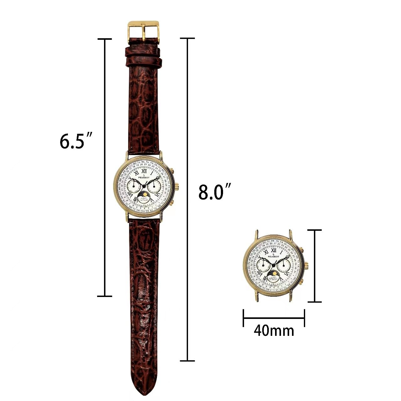 Peugeot Vintage Multi-Function Watch, Perpetual Calendar with Moon Phase, Brown Leather Band