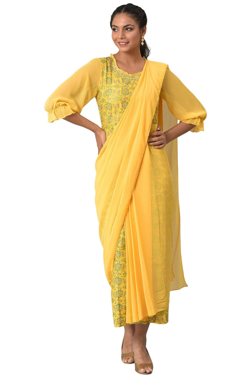 Aurelia WomenS Polyester Fit And Flare Knee-Length Casual Dress (22Aua13600-505307_Yellow