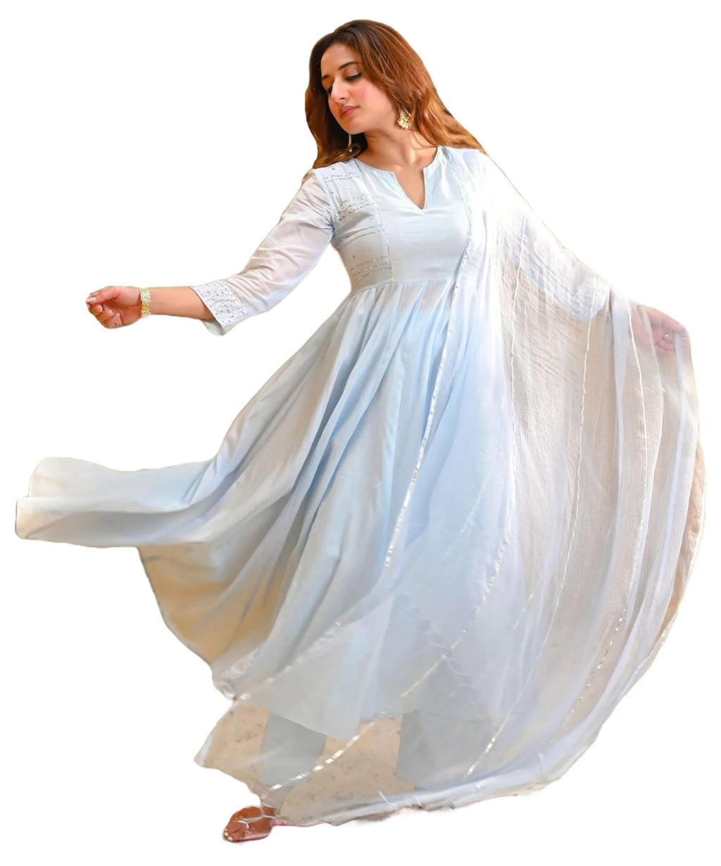 ANNI DESIGNER Womens Rayon Viscose Embellished Anarkali Kurta with Pant & Dupatta (Sikana Sky Blue_L_Sky Blue_Large)