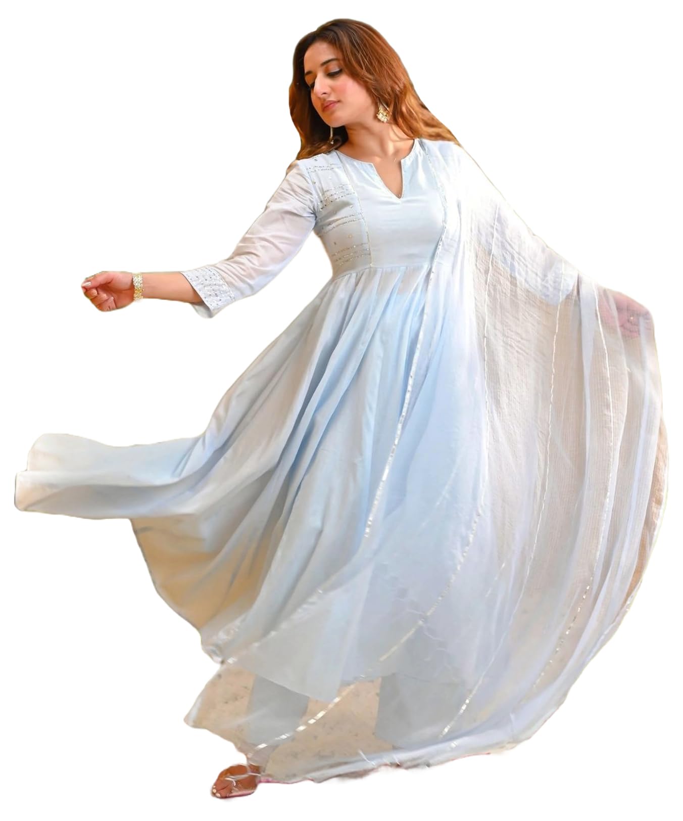 ANNI DESIGNER Womens Rayon Viscose Embellished Anarkali Kurta with Pant & Dupatta (Sikana Sky Blue_L_Sky Blue_Large)
