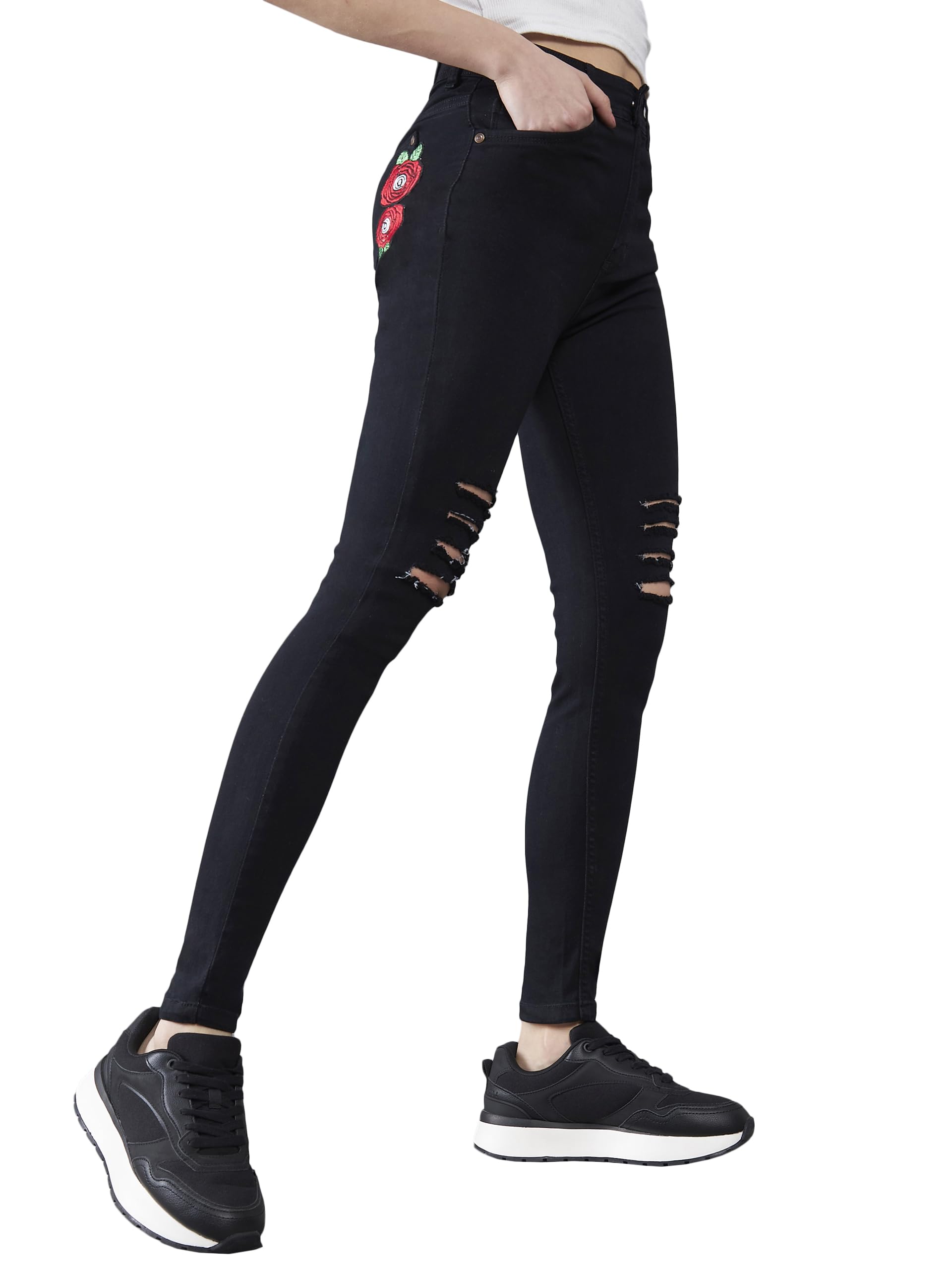 Dolce Crudo Womens Regular Length High Rise Mild Distress Regular Stretchable Denim Jeans (DOSS22DEN99-46-62-32, Black, 32)