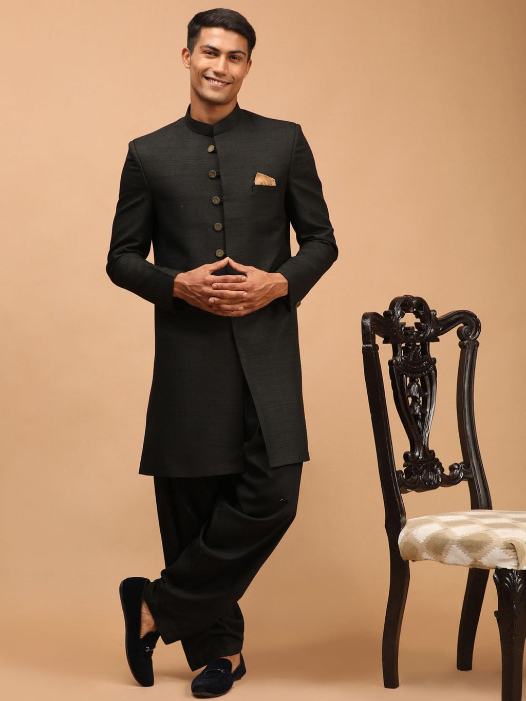 VASTRAMAY Mens Black Silk Blend Sherwani Set | Imported Fabric Designer Indowestern And Pant style Pyjama Set