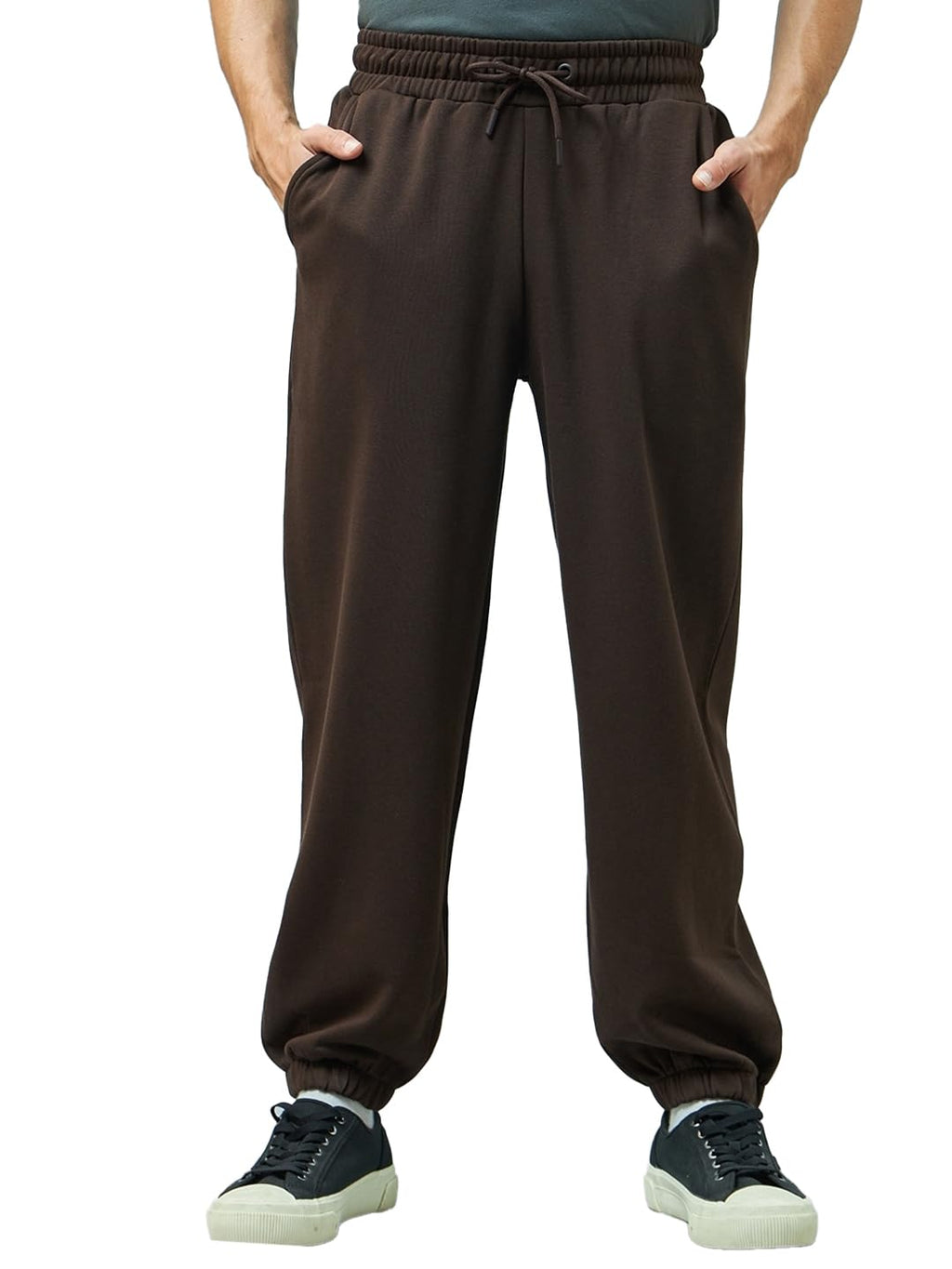 Bewakoof Mens Solid Super Loose Fit Cotton Blend Mid Rise Joggers_ 617457 Brown M