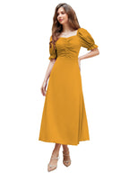 Shasmi GirlS & WomenS Solid Mustard A-Line Ruched Puff Sleeve Maxi Long Evening One Piece Long Dress For Women Stylish (Dress 