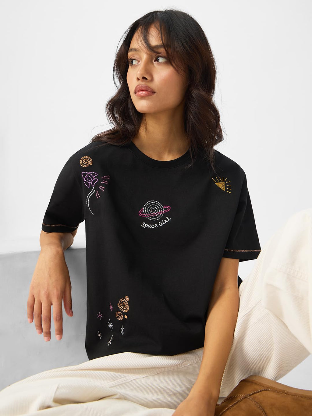The Souled Store Space Girl Women and Girls Short Sleeves Round Neck Cotton Relaxed Fit T-Shirts Black