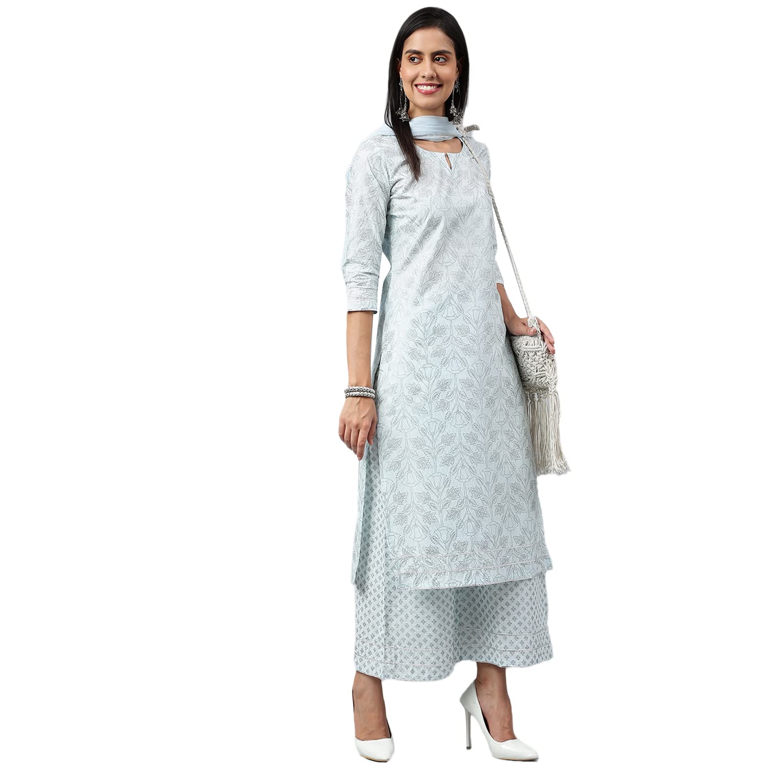 ANNI DESIGNER Womens Cotton Blend Straight Printed Kurta with Palazzo & Dupatta (Suchi Sky Blue_M_Sky Blue_Medium)