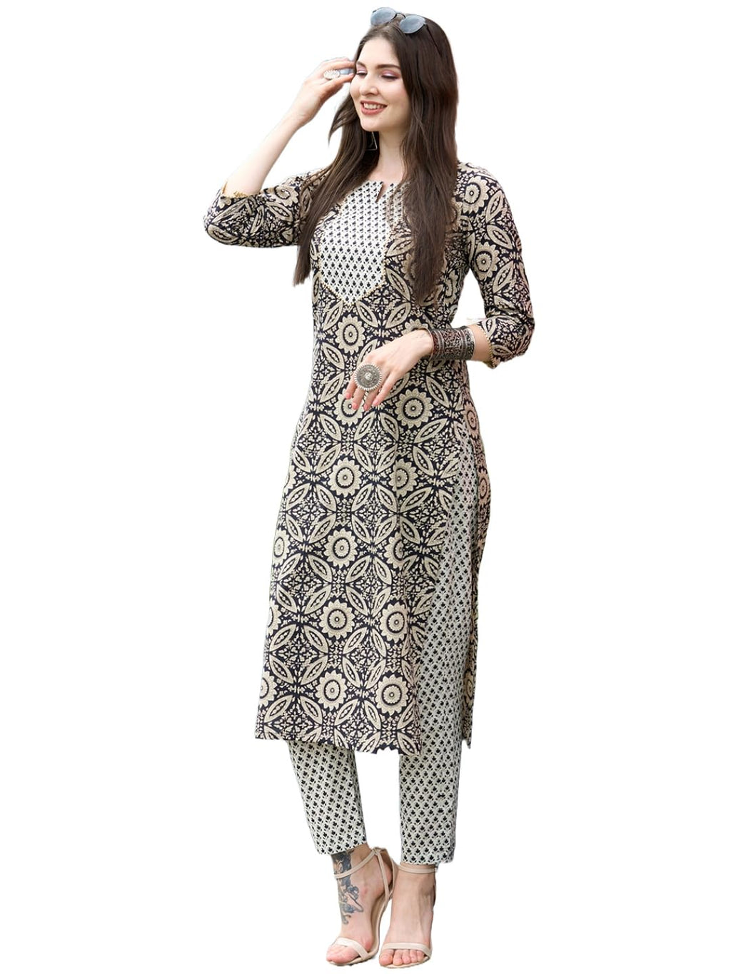 ANNI DESIGNER Women's Cotton Blend Straight Printed Kurta with Pant Set (Vibi Grey_XL_Grey_X-Large)