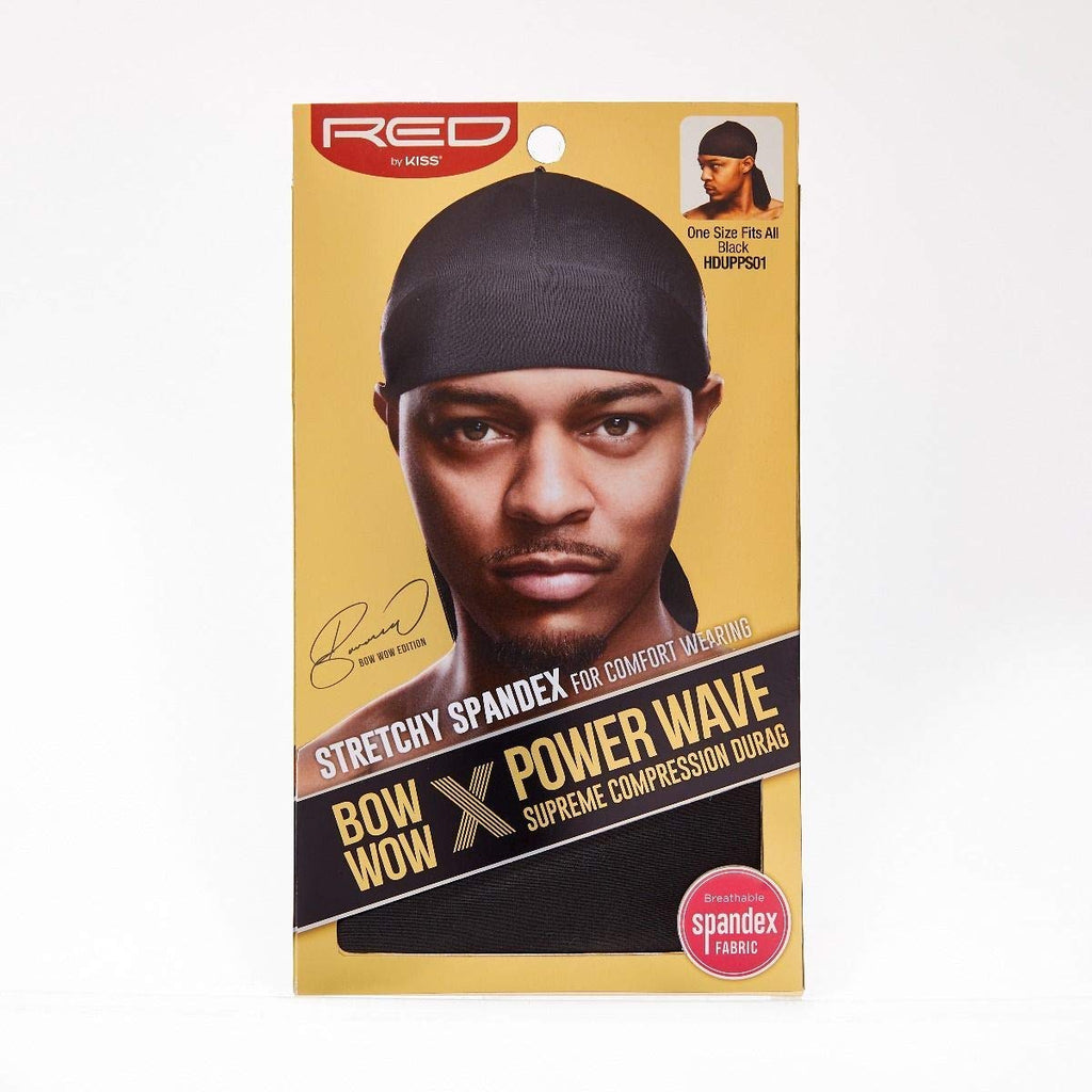 KISS Red Bow Wow X Powerwave Supreme Compression Durag, Stretchy Spandex for Comfort Wearing (Black)