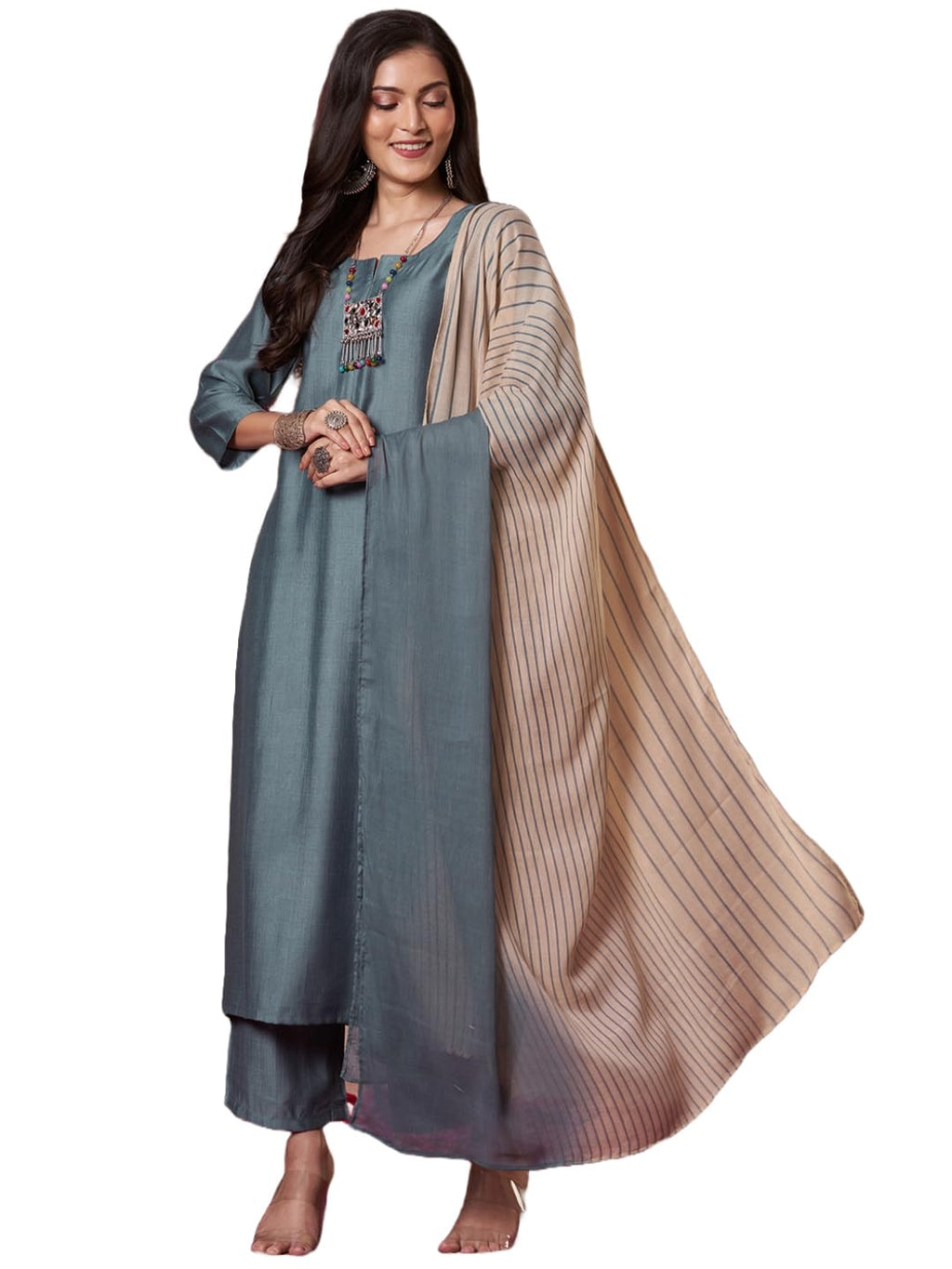 ANNI DESIGNER Womens Rayon Viscose Solid Straight Kurta with Pant & Dupatta (Raja Saab Grey-VKS14_4XL_Grey_XXXX-Large)