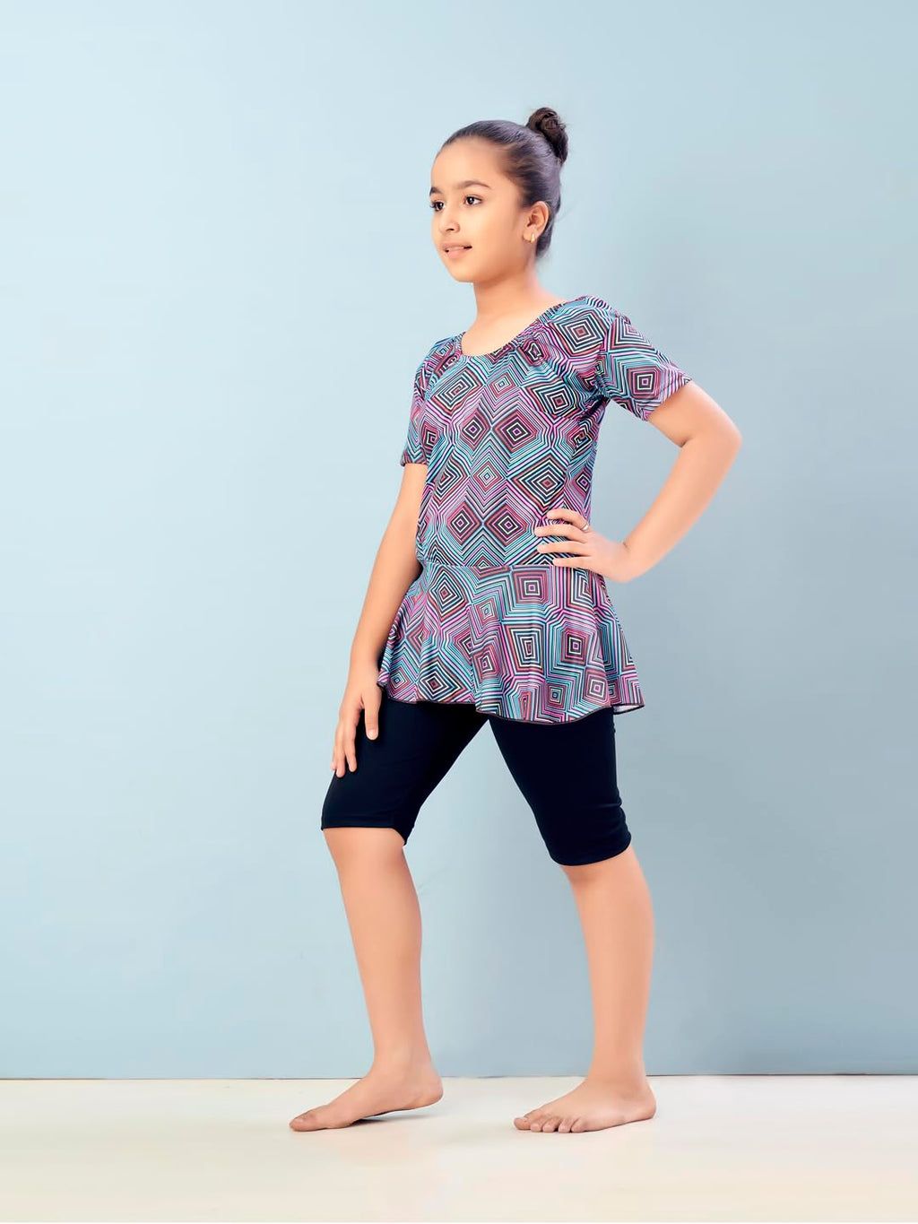 Aarika Girls Sports Wear Green-Black Colour Abstract Print Nylon Swim Suit (5-15 Years)-(SW-SHM-CA-1119)