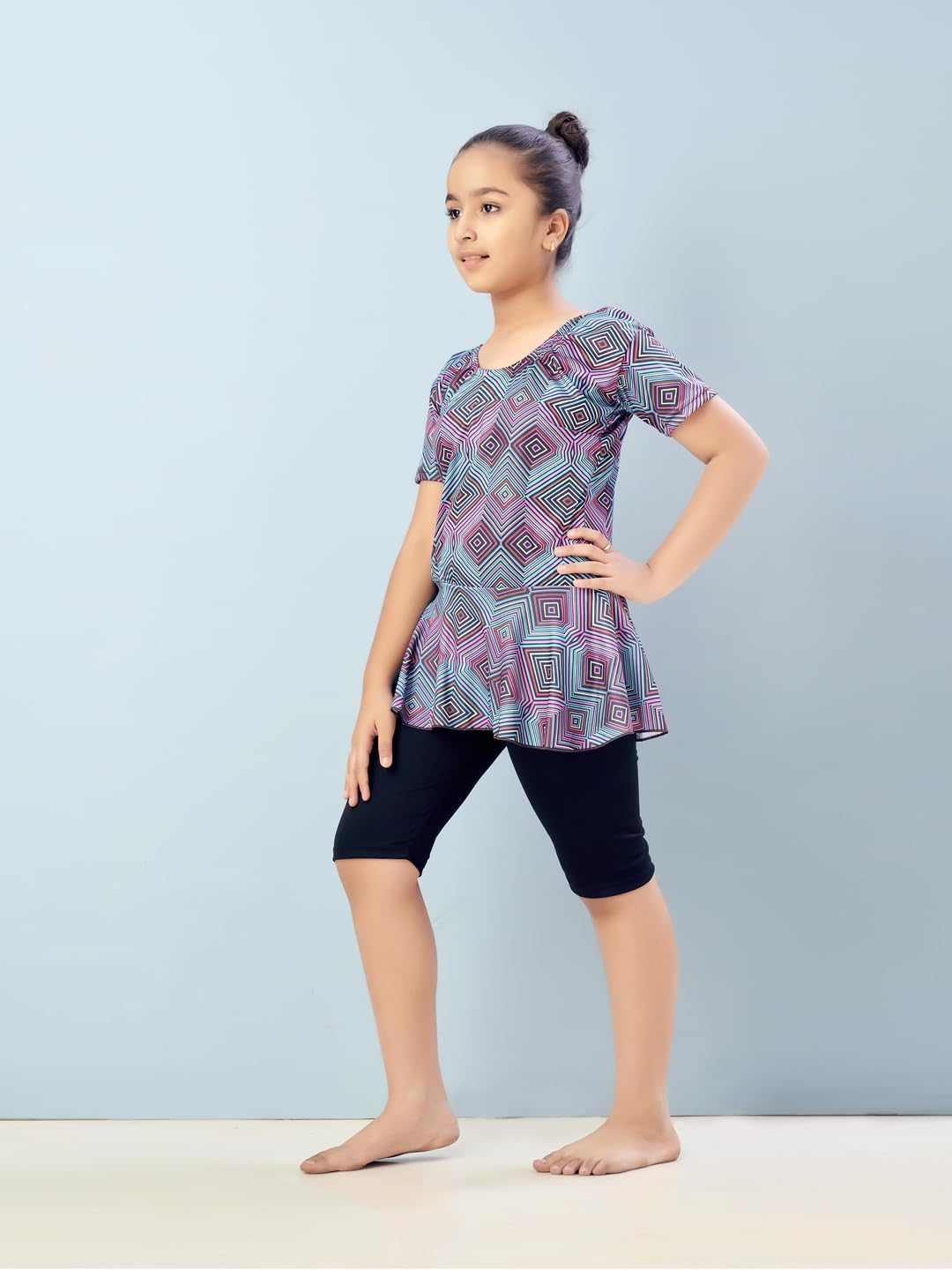 Aarika Girls Sports Wear Green-Black Colour Abstract Print Nylon Swim Suit (5-15 Years)-(SW-SHM-CA-1119)