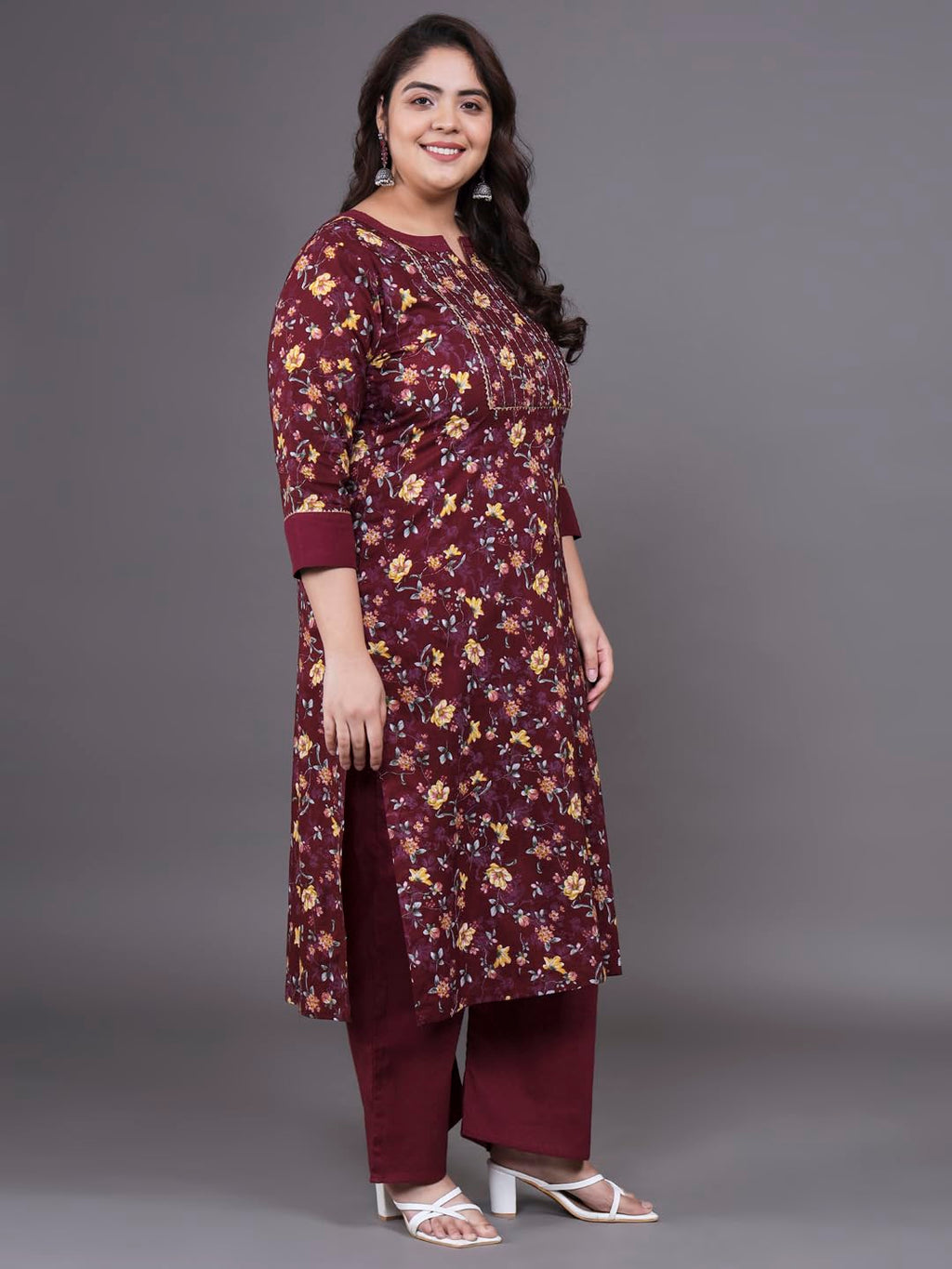 Tissu Women'S Plus Size Maroon Printed Pure Cotton Zari Work Kurta & Palazzo With Dupatta