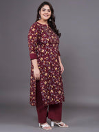 Tissu Women'S Plus Size Maroon Printed Pure Cotton Zari Work Kurta & Palazzo With Dupatta